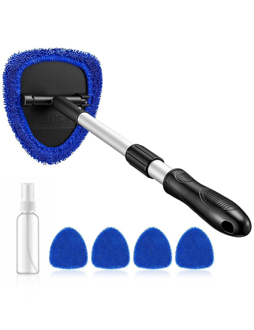 AstroAI Windshield Cleaner Tool, Car Interior Detailing Cleaning Kit with Extendable Handle and 4 Upgraded High-Density Reusable Microfiber Pads, Auto Glass Wiper Brush Kit for Cars, Blue, 15.9in-21in