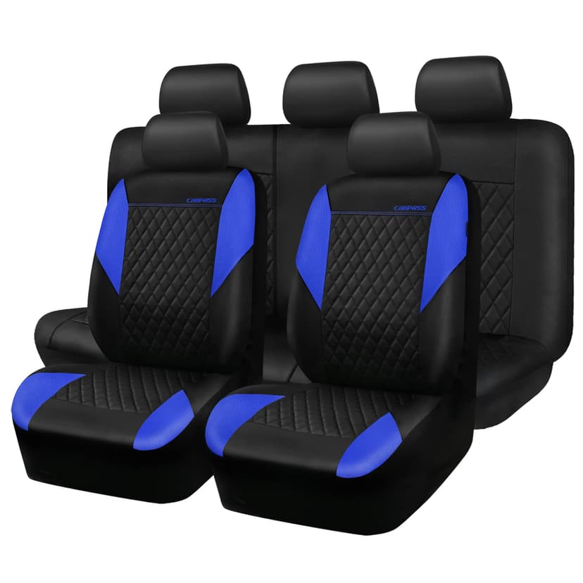 CAR PASS Leather Seat Covers-Universal Quilting Car Seat Cover with 5mm Composite Sponge Inside,Airbag Compatible,Front and Rear Seat Covers for Most Sedan,SUV,Van,Truck(Full Set,Blue)