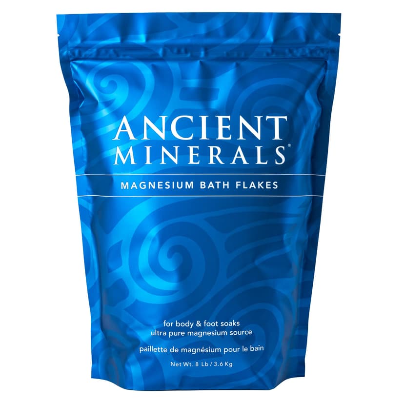Ancient Minerals Magnesium Bath Flakes, Epsom Salt Alternative, 8lb | Pure Zechstein magnesium chloride flakes for soaking & whole-body replenishment. 8 lb resealable bag.