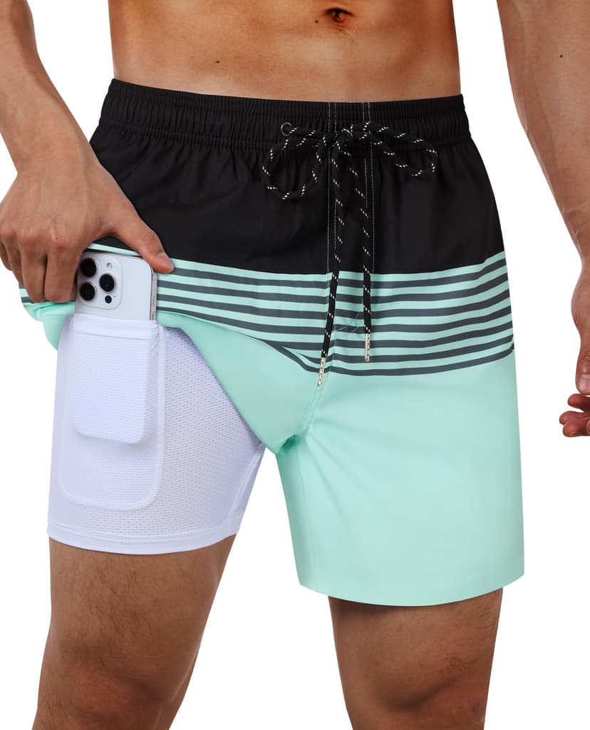 Gleeease 5inch Mens Swim Trunks with Compression Liner Pockets Drawstring Quick Dry Stretch Lined Funny Beach Swimming Surf