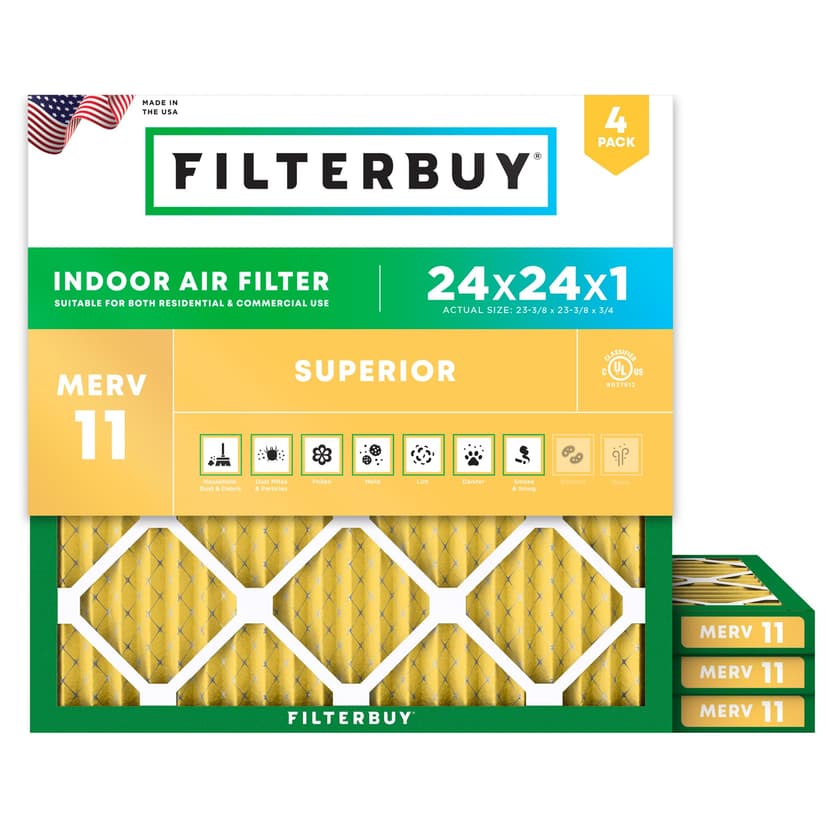 Filterbuy 24x24x1 Air Filter MERV 11 Superior Pet & Allergy Defense (4-Pack), Electrostatic Pleated HVAC AC Furnace Filters Replacement, Made in USA (Actual Size: 23.38 x 23.38 x 0.75)