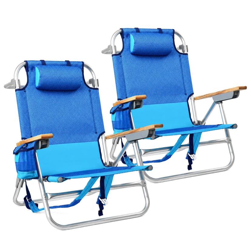 2 Pack Backpack Beach Chair for Adults Capacity 300 LBS Low 5 Position | with Pouch Straps Folding Lightweight Reclining Aluminum Wide Lay Flat Single