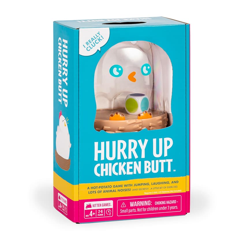Exploding Kittens Hurry Up Chicken Butt, 2-6 Players, Age 4+, Kids Game | Get the wiggles out with our best‐selling kids game! Jump, laugh, make animal noises, and don’t get stuck with the chicken.