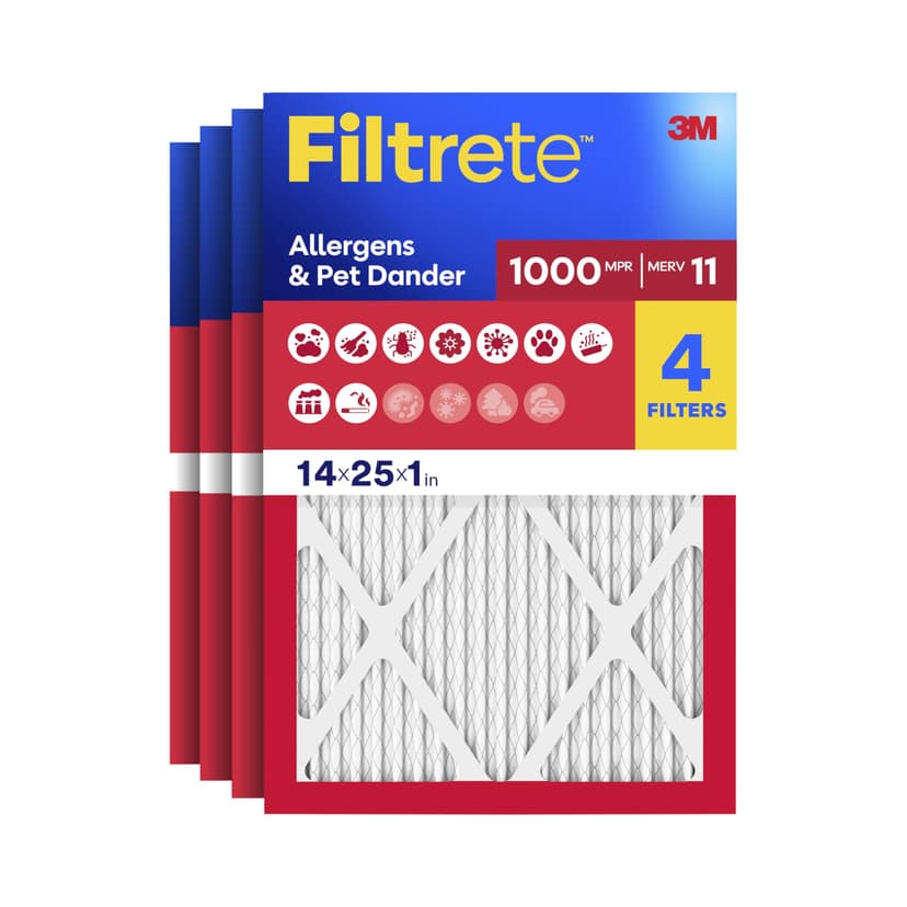 Filtrete 14x25x1 Air Filter, MERV 11, MPR 1000, Allergens & Pet Dander, 3-Month AC and Furnace Filters, Cleaner Air, Reliable Airflow, 4 HVAC Filters (Actual Size 13.68 x 24.68 x 0.81 in)