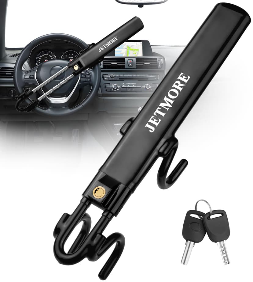 JETMORE Steering Wheel Lock Heavy Duty Adjustable Wheel Lock Car Lock & Key | Double Hook Locks With Keys Car Steering Wheel Lock Anti-Theft Device Car Theft Protection Car Gifts for Men (Black)