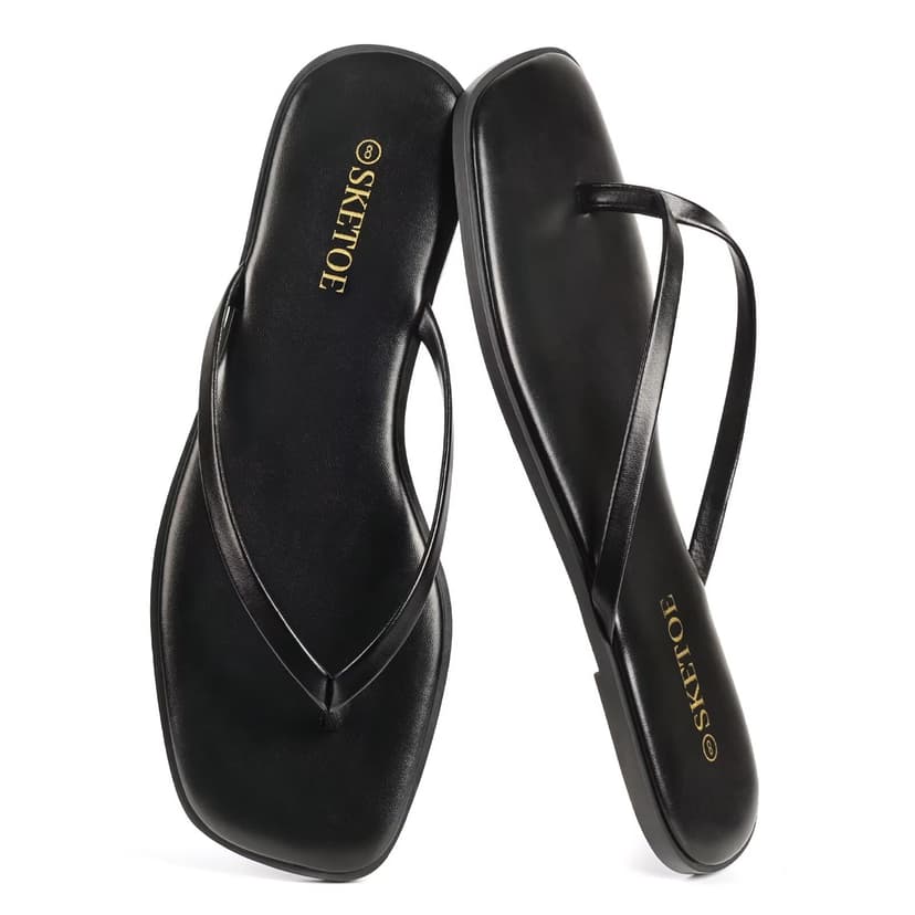 SKETOE Women Square Toe Leather Flip Flops Lightweight Flat Thong Sandals Summer Vacation Dressy Comfort Slides