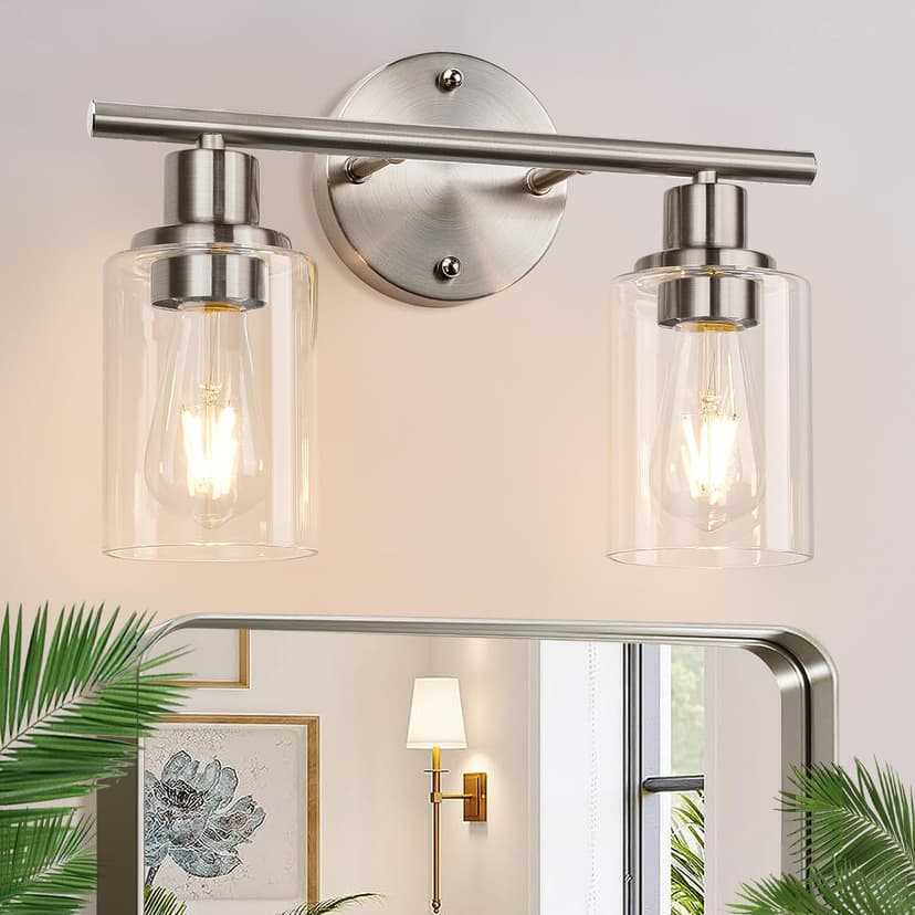 Zarbitta 2-Light Bathroom Light Fixtures, Brushed Nickel Vanity Light, Modern Vanity Lights with Clear Glass Shade, Bathroom Wall Lamp for Mirror Kitchen Living Room Hallway Cabinet Porch
