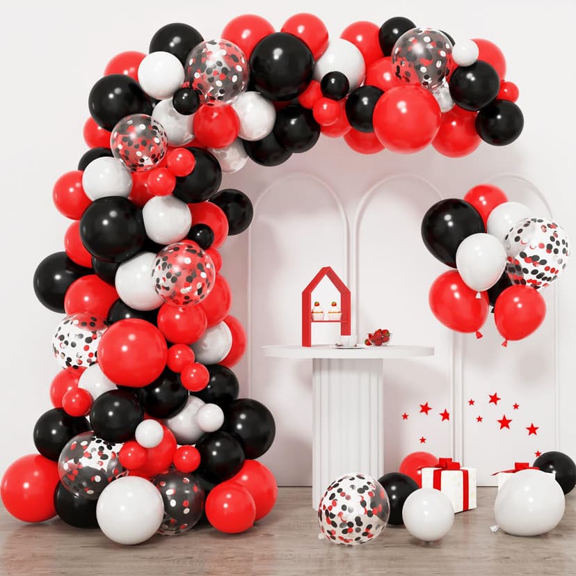RUBFAC Balloon Arch kit Red Black White Balloons Confetti Garland 129pcs | Balloon Arch for Graduation BBQ Casino Theme Party Decorations Poker Card Racing Car Birthday Supplies
