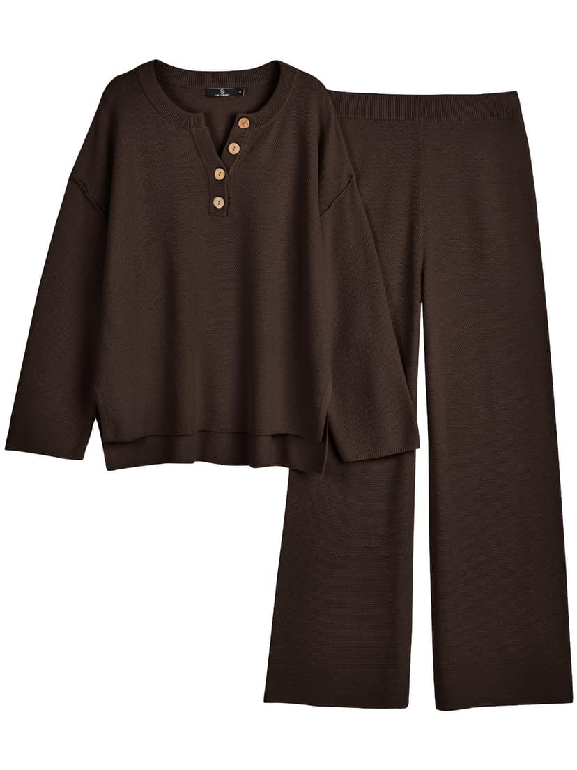 LILLUSORY Women's 2 Piece Lounge Sets Oversized Slouchy Matching Sets | Comfy Knit Loungewear, Airport Travel Outfits, Henley Button Drop Shoulder Tunic & Wide Leg Pull-on Pants