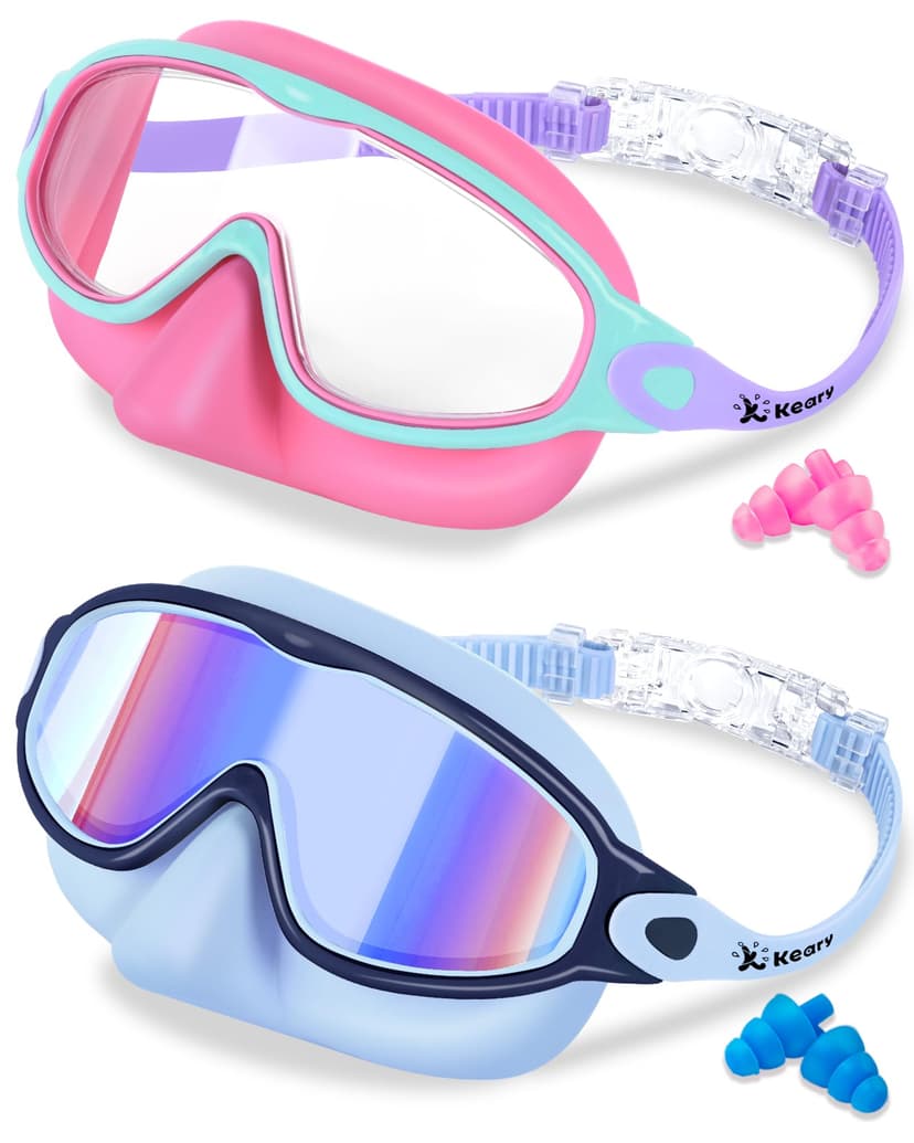 Keary 2 Pack Kids Swim Goggles with Nose Cover for 3-12 Anti-UV Anti-Fog Pool Water Swimming Goggles Boys Girls Youth Toddler
