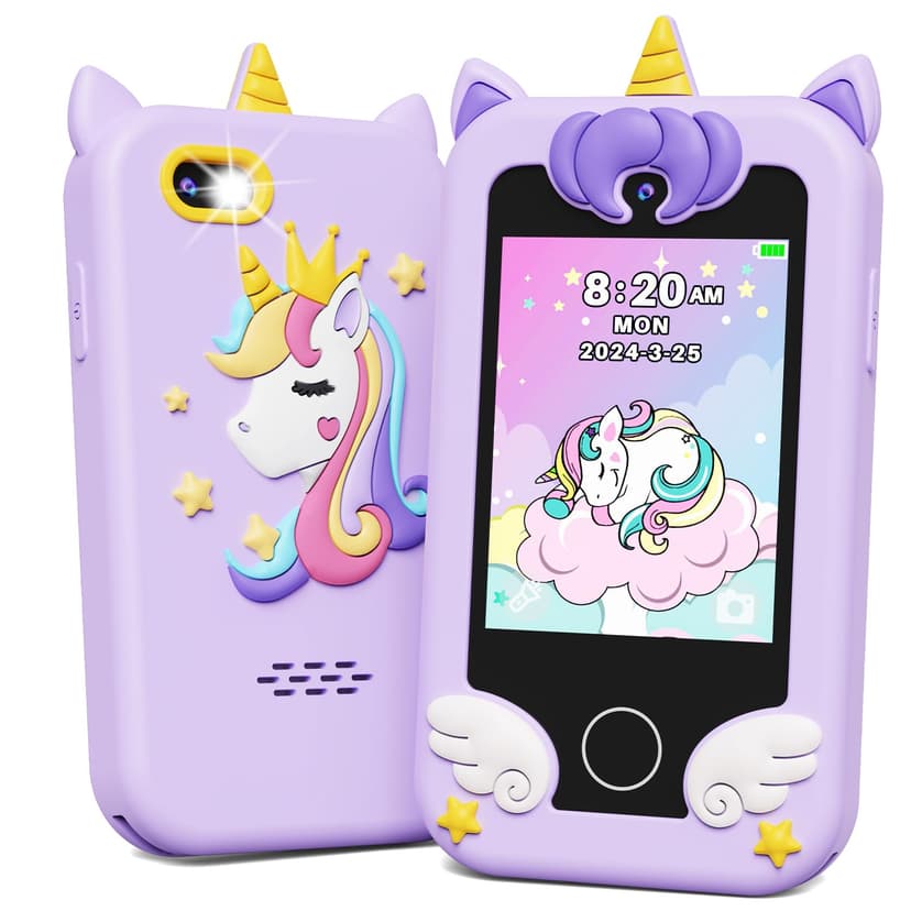 KOKODI Kids Smart Phone Toys, Birthday Gifts Unicorn Toddler Play Phone for Girls 3-10, Touchscreen HD Dual Camera Cell Phone, Travel Toy Preschool Learning Toy for Kids (Purple)