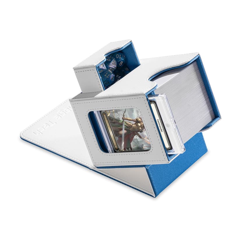 Mage Tech Card Deck Box for MTG Commander - Patented Design, Commander Display, Fits 100 Double-Sleeved Cards, 35pt Card Brick & Dice Tray - White/Blue