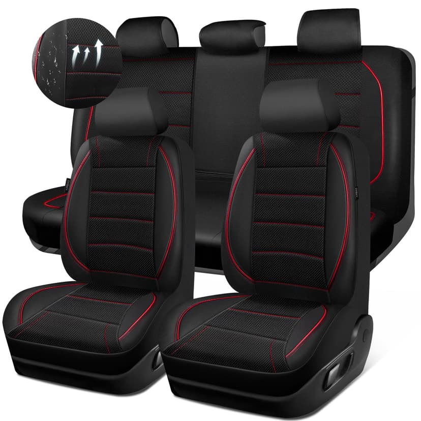 CAR PASS Mesh Leather Car Seat Covers Full Set,Breathable Mesh Faux Leather Seat Covers for Car, Universal Fit for SUV Truck Sedan Automotive, Airbag Compatible, Black and Red