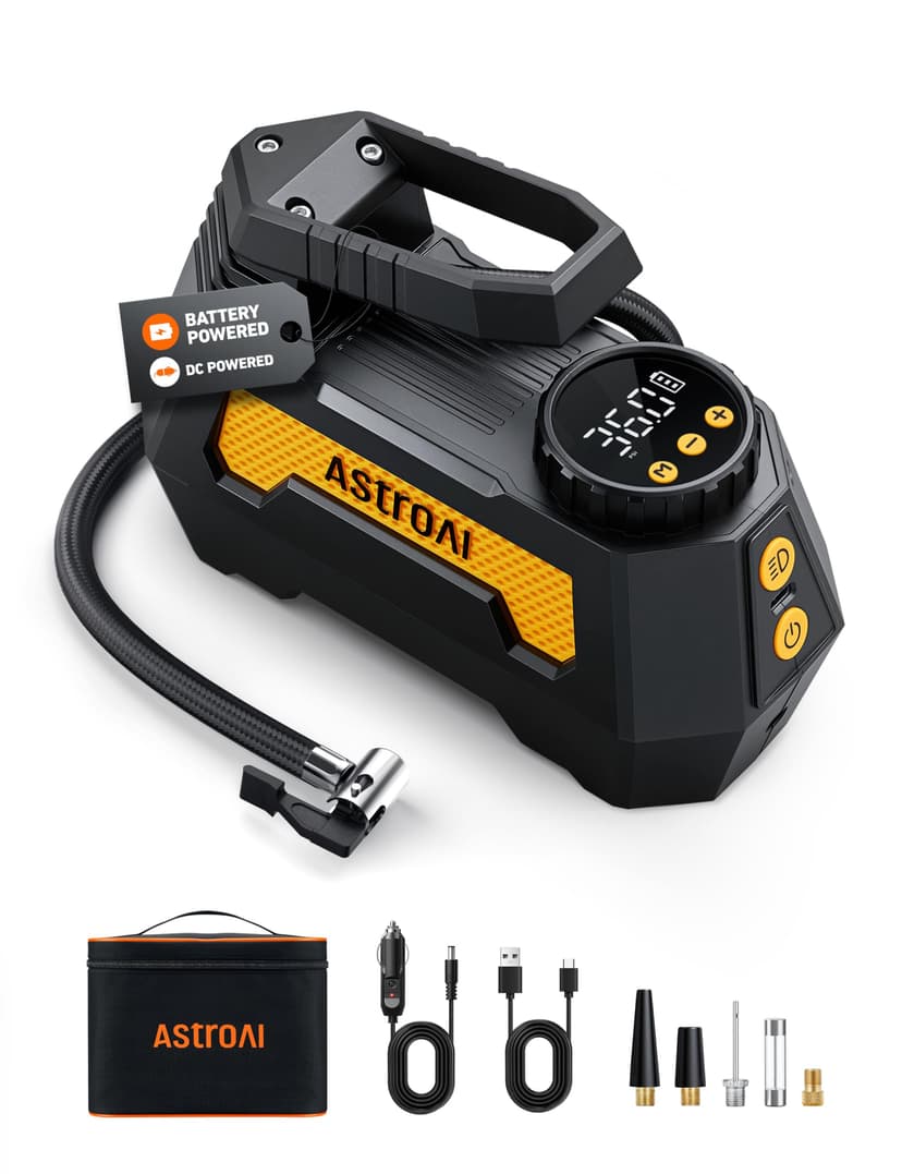 AstroAI H2 Pro Cordless Tire Inflator Portable Air Compressor Fully Upgraded Tire Inflator with DC 12V & Battery Dual Power Supplies Fast Inflation Air Pump for Car Tires Motorcycles Yellow