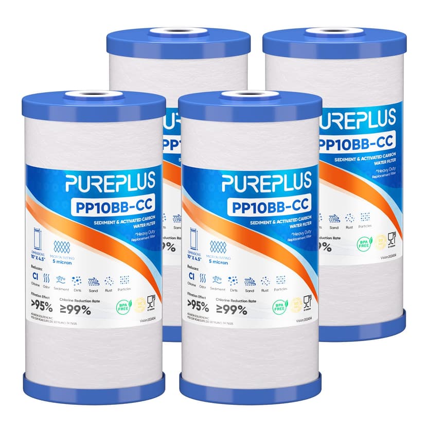 PUREPLUS 5 Micron 10"x4.5" Whole House Sediment & Carbon Water Filter,4PACK | PP10BB-CC Replacement Cartridge for GE FXHTC,GXWH40L,GXWH35F,GNWH38S,Culligan RFC-BBSA,WRC25HD,Pentek RFC-BB