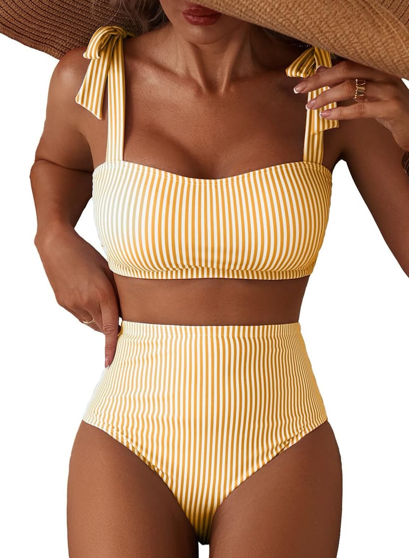 Herseas Women's Tie Shoulder Bikini Sets 2 Piece Striped Swimsuits High Waisted Bathing Suits