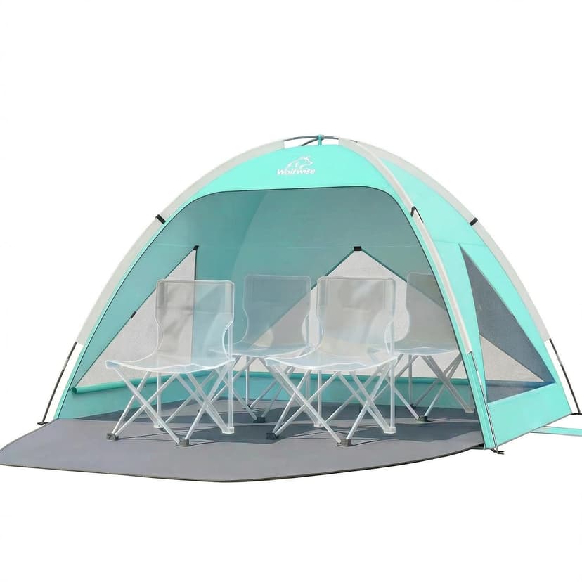 Wolfwise Beach Tent Sun Shelter Portable, Large 3-4 Person Sunshade Cabana | Shade Beach Essentials, UPF 50+ UV Protection & Easy Setup, Mesh Windows & Lightweight Carrying Bag, 95"× 65"× 55",Mint Gre