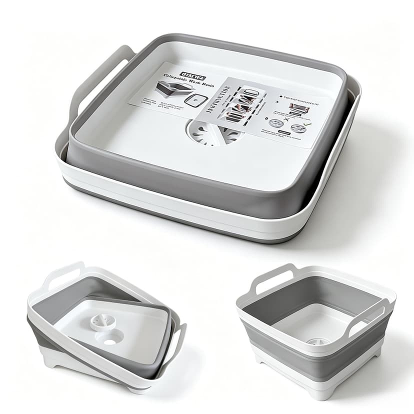 GIMWA Collapsible Wash Basin with Drain Plug - 2.4 Gallon Foldable Kitchen Sink for Baby Bottles, RV Camping, Space-Saving Dish Tub (Gray) | 2.4 Gal, Collapsible Dish Basin, Drain Plug, Kitchen Sink,