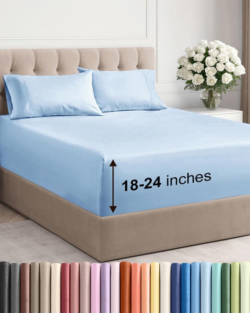 Extra Deep Twin Sheet Set - 4 Piece Breathable Cooling Sheets - Light Blue | Hotel Luxury Bed Sheets Set, Easy & Secure Fit, Ultra-Soft, Wrinkle & Fade Free, Comfy Sheets Set with Extra Deep Pockets