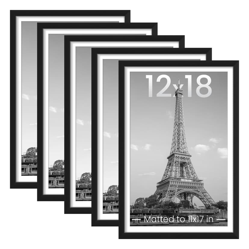 upsimples 12x18 Picture Frame Set of 5, Display Pictures 11x17 with Mat or 12 x 18 Without, Wall Gallery Poster Frames, Black