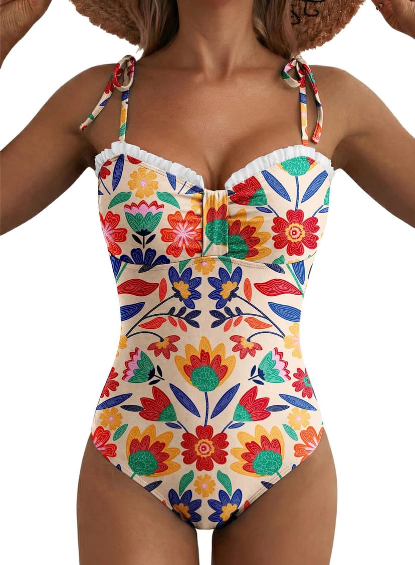 Herseas Women’s Striped One Piece Swimsuits Tie Shoulder High Cut Tummy Control Bathing Suit 2026 Summer Beach Swimwear