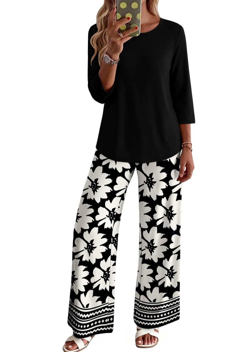 WIHOLL Two Piece Sets for Women Lounge 3/4 Length Sleeve Womens Tops Graphic Pants with Pockets Summer Outfits 2026