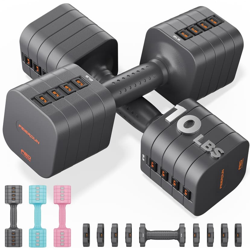FEIERDUN DB3 5-in-1 Adjustable Dumbbell Set, 6LB/10LB Pair Adjustable Weights for Women at Home, Dual Locking Stable Hand Weights with TPU Soft Handle, Home Gym, Rehab, Pilates, Yoga, Strength Trainin