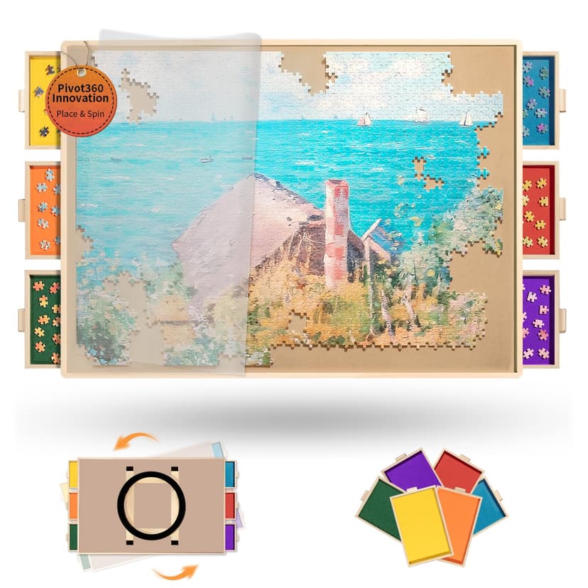 Join&Joy 2000 Piece Puzzle Board Pro, with 6 Drawers & Cover, 40" x 29", Sort-Wise Colorful Felt Drawers, Wooden Jigsaw Puzzle Board, Birthday Gifts for Mom