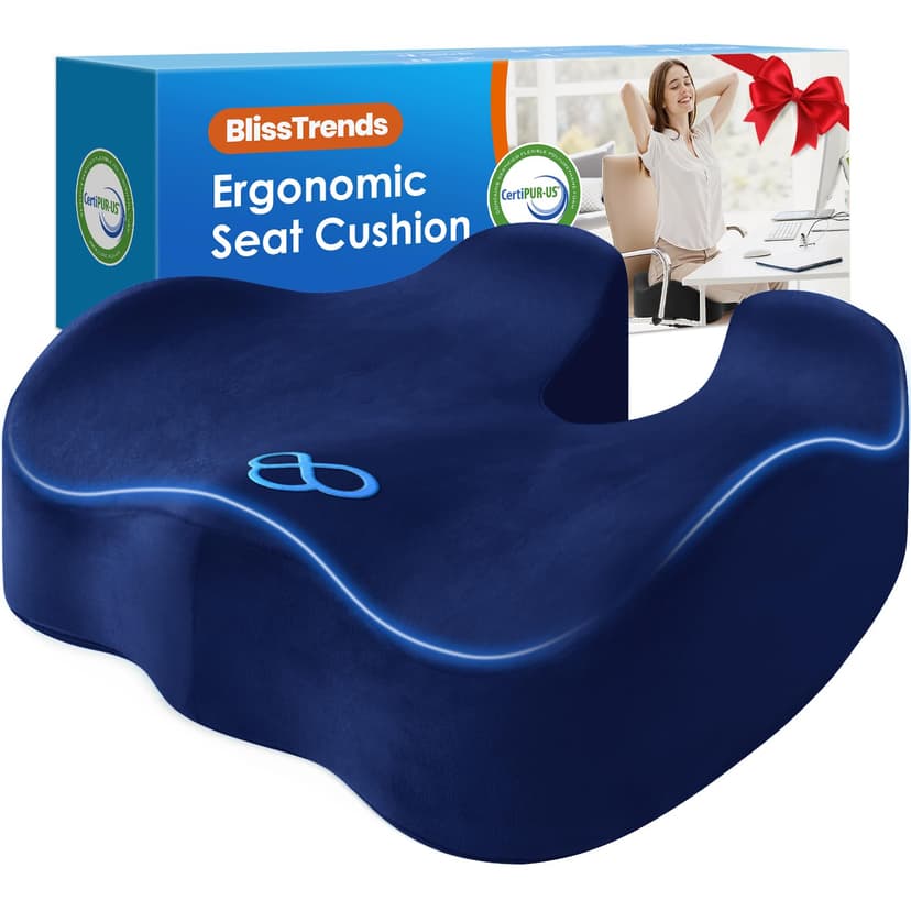BlissTrends Seat Cushion,5.2in Thick Memory Foam Cushions for Office Chair, Car Seat, Airplane, Relieving Pressure Tailbone Sciatica Back Pain for Long Sitting Office Workers, Car Drivers Blue