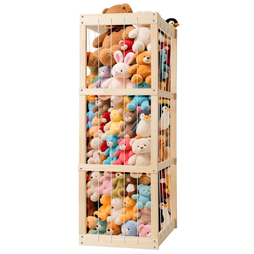 Stuffed Animal Storage – Large Capacity Toy Organizers for Kids | Wooden Stuffed Animal Holder with Elastic Zoo Bars | Plushies Storage Toy Chest for Nursery, Playroom, or Bedroom