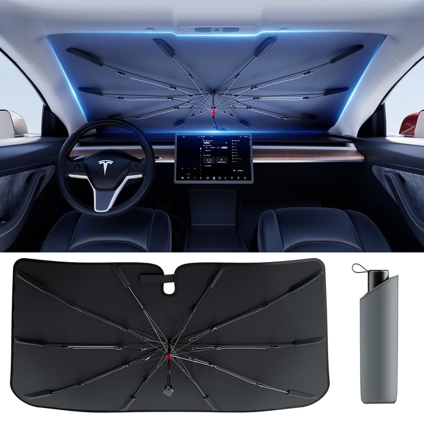 DMJN Umbrella Windshield Sun Shade - Medium, Car Sunshade for Front Windshield [Nano Ice-Crystal Coatings] UPF50+ Heat & UV Block, Protect Interior & Keep Cooler Universal for Car, SUV, Truck