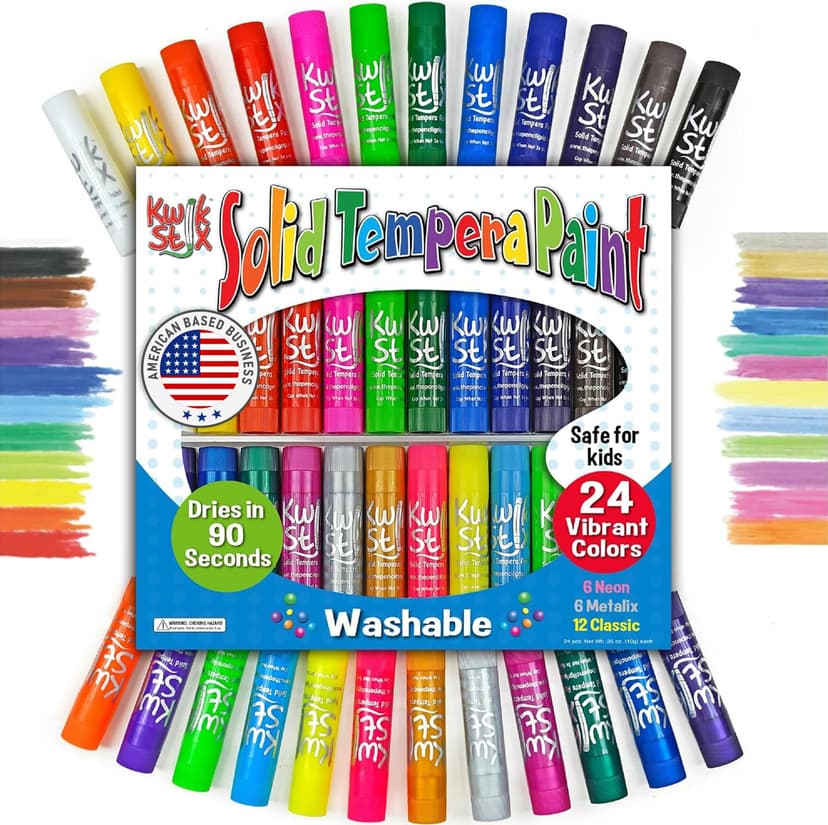 Kwik Stix Solid Tempera Paint Sticks, 24 Colors, Washable Paint Sticks for Kids, Non-Toxic, Quick Drying, Allergen Free, Comes in Classic, Metallic, & Neon Colors, Ideal for Kids and Toddlers