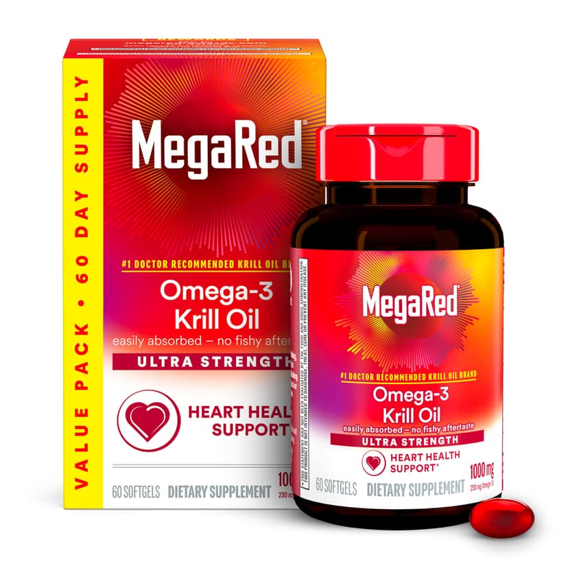 MegaRed Antarctic Krill Oil 1000mg, Omega 3 Fatty Acid Supplement, Ultra Concentrate EPA & DHA Softgels, Antioxidant Astaxanthin, Heart Health Supplement with No Fish Oil Aftertaste, 60ct