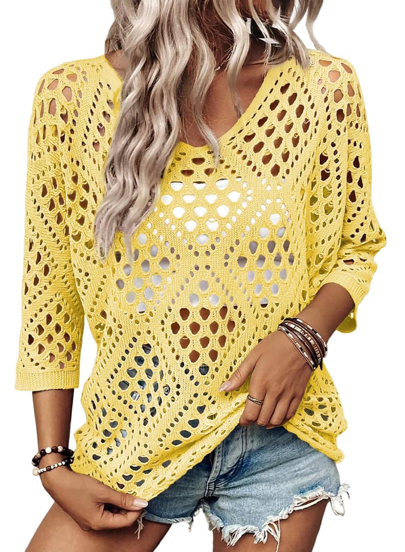 SHEWIN Womens Summer Tops Hollow Out Beach Crochet Cover Ups V Neck 3/4 Sleeve Pullover Sweater Shirts