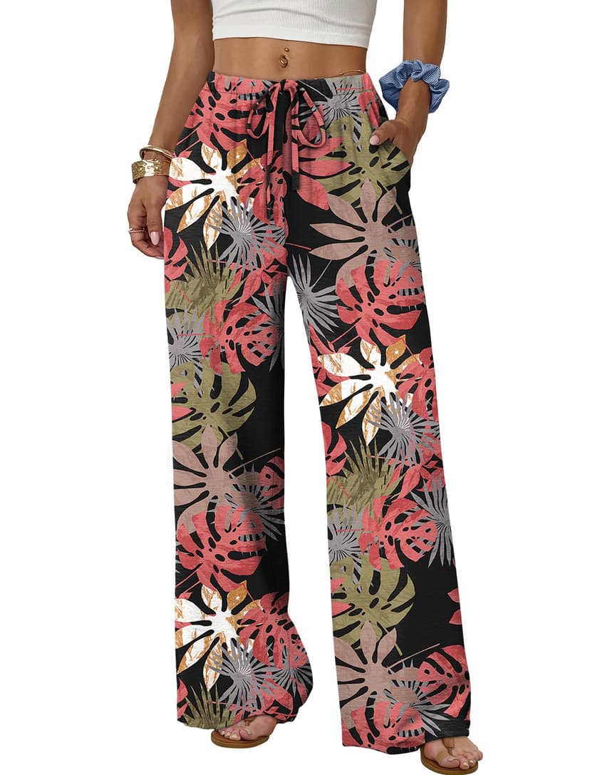 Sampeel Wide Leg Pants for Women Flowy Palazzo Drawstring Elastic Waist Trousers with Pockets Summer Beach Vacation Clothes