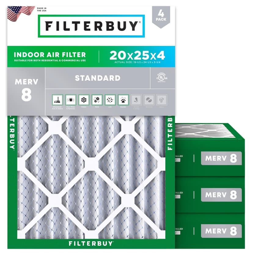 Filterbuy 20x25x4 Air Filter MERV 8 Dust & Allergy Defense (4-Pack) | Electrostatic Pleated HVAC AC Furnace Filters Replacement, Made in USA (Actual Size: 19.50 x 24.50 x 3.63)