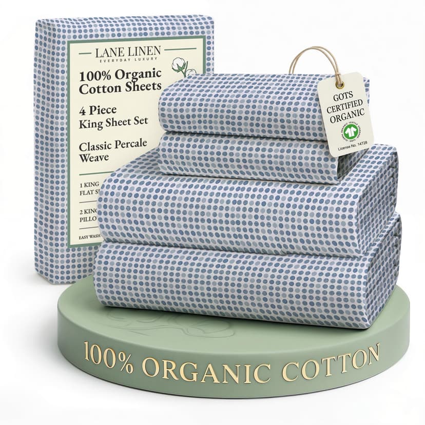 LANE LINEN 100% Organic Cotton Printed King Size Bedding Sheets & Pillowcases Set -Soft & Comfy Breathable Percale Sheet Seasons, 15" Deep Pocket Printed King Sheets - Polka Dot