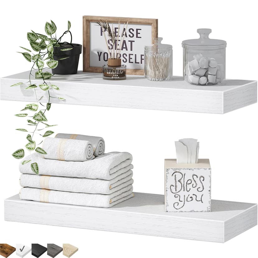 QEEIG Bathroom Floating Shelves for Wall (White, Set of 2, 15.7") | 16 inch Small Shelf Over Toilet for Farmhouse Home Decor, Rustic Plant Display, Towels Organizer (008-40W)
