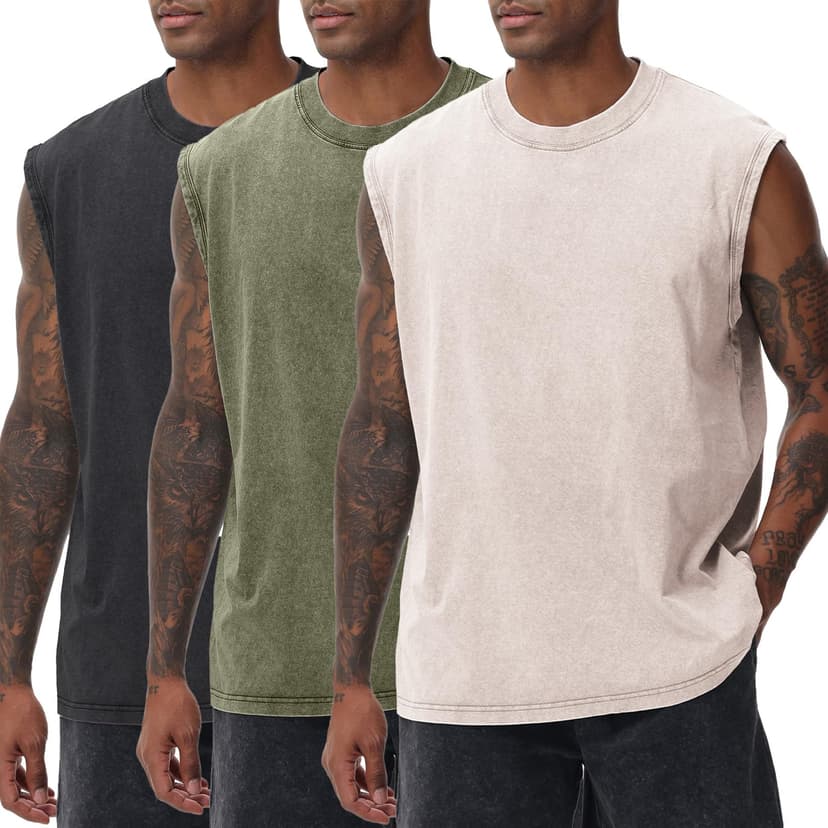 SnowElve Mens Workout Tank Tops Sleeveless Tee Shirts Men Muscle Shirt Gym Acid Wash T Shirts Running Beach Loose Fit Tee