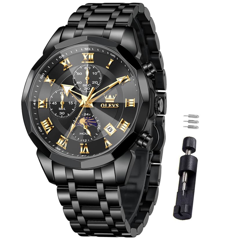 OLEVS Watches Men Luxury Chronograph Moon Phase Waterproof Luminous Watches for Men Analog Quartz Calendar Stainless Steel Strap Wrist Watches-(Black/Blue/Gold/Grey/Silver Face)