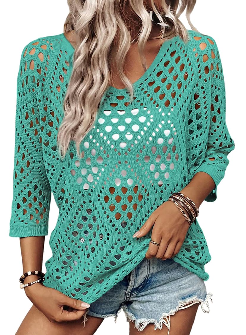 SHEWIN Womens Summer Tops Hollow Out Beach Crochet Cover Ups V Neck 3/4 Sleeve Pullover Sweater Shirts