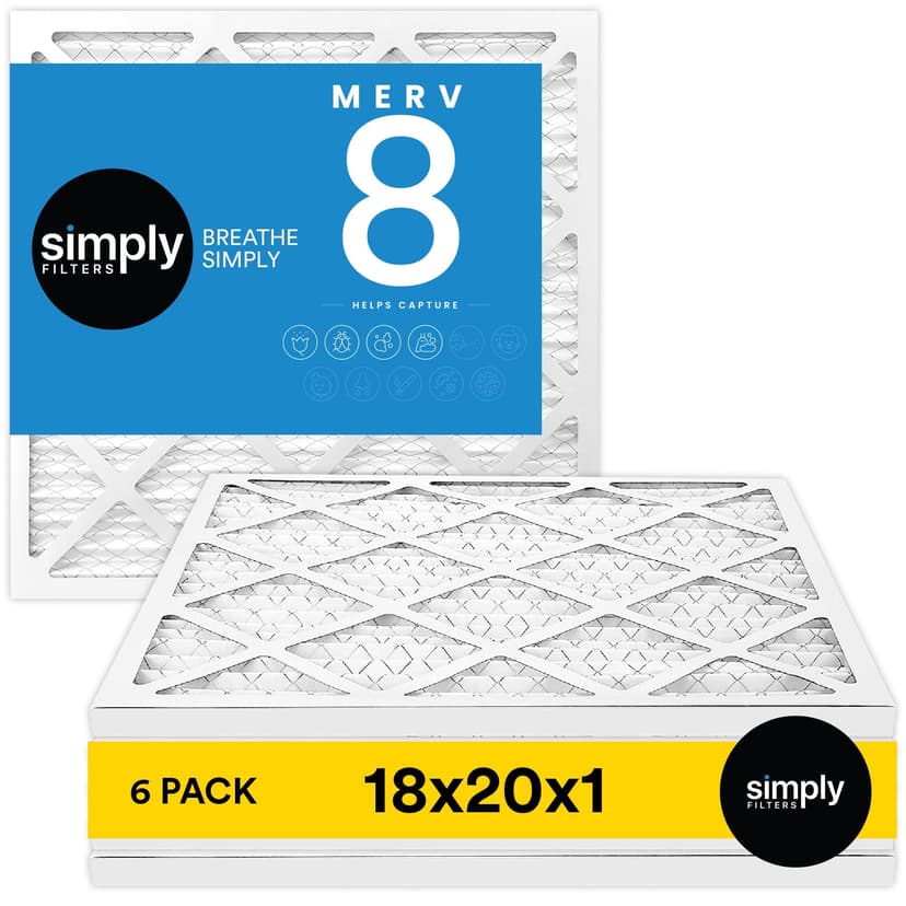 Simply 18x20x1 Air Filter, MERV 8, 6 Pack, For Home AC Furnace & HVAC (Actual Size: 17.81"x19.81"x0.75") DUST, Pet & Allergy Control,