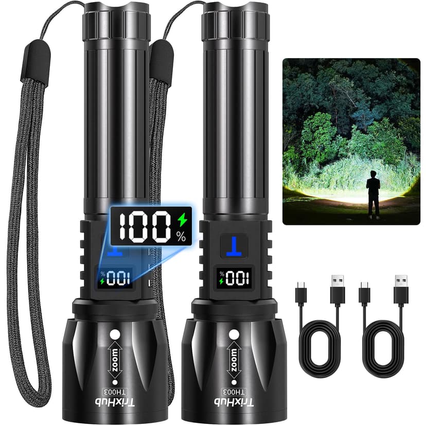 TrixHub Rechargeable Flashlights High Lumens 2Pack, 5Mode Flash Light with LCD Digital Display, Super Bright Flashlight Adjustable Tactical Flashlight, High Powered LED Handheld Flashlight for Home