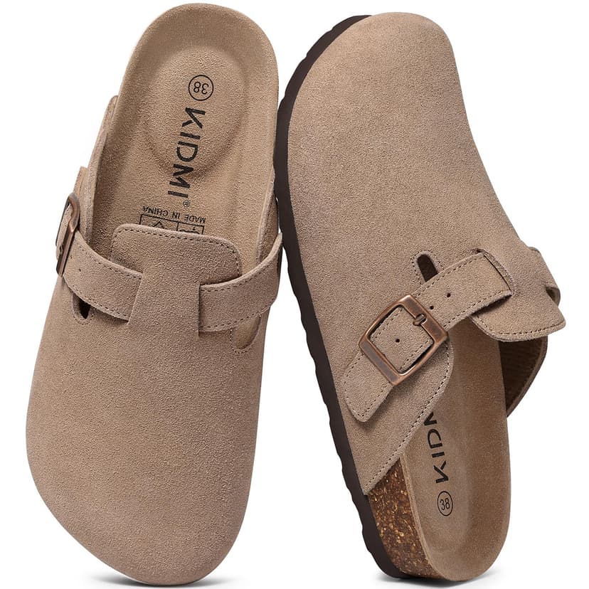KIDMI Genuine Suede Clogs for Women Men Cork Footbed Mules Potato Shoes | Arch Support, Comfortable, Leather Slip On, Fall, Casual, Indoor Outdoor, Non-slip Rubber Sole, Adjustable Metal Buckle