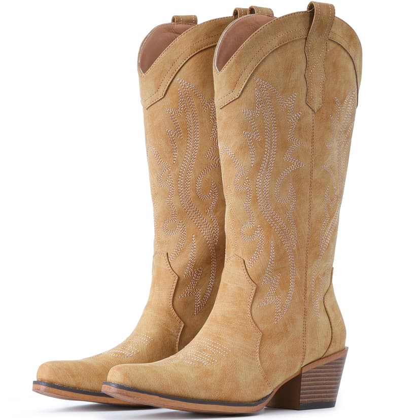 IUV Cowboy Boots For Women Western Cowgirl Boots Mid Calf Snip Toe | Chunky Heel Ideal for low insteps
