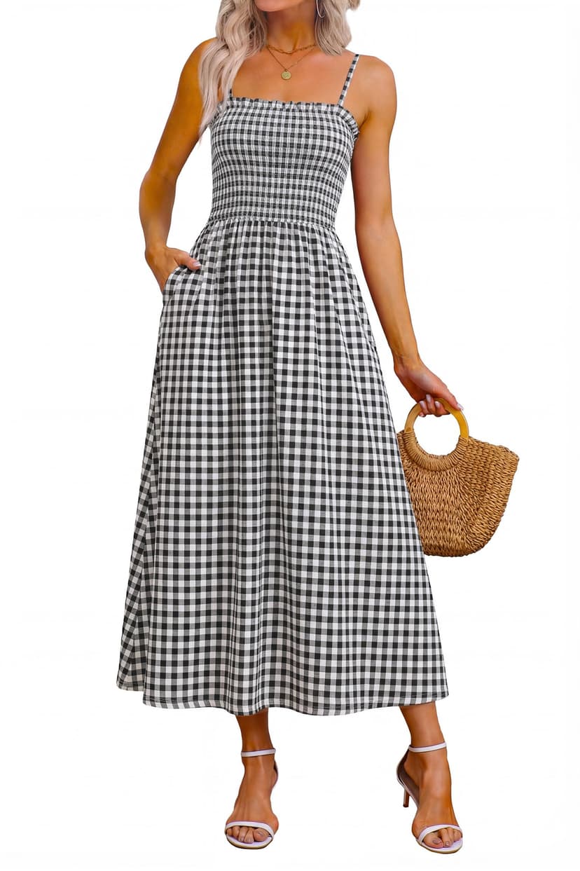 OFEEFAN Womens Spaghetti Strap Maxi Dresses Smocked with Pockets 2026 Summer Spring Casual Boho Beach Long Sundresses