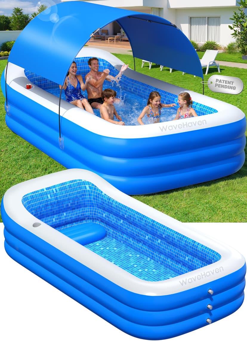 WaveHaven 2026 Inflatable Pool with Canopy,Upgraded Blow Up Pool for Adults&Kids,Large Inflatable Pool with Seat and Big Backrest,Kiddie Pool with Shade,Kid Swimming Pool for Backyard 110"x63"x20"Blue
