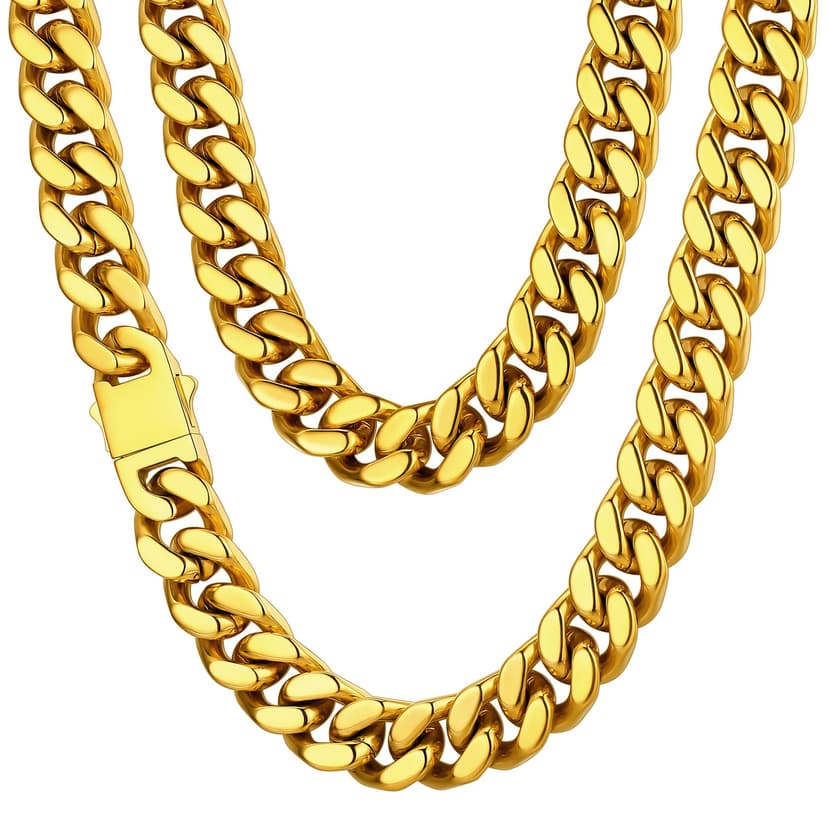 ChainsHouse Stainless Steel Mens Cuban Link Chain, Black/ 18K Gold Plated Miami Cuban Chain Necklace, 5mm/7mm/9mm/12mm/14mm Width, No Tarnish& Durable Hip Hop Mens Jewelry, 18"-30", Send Gift Box