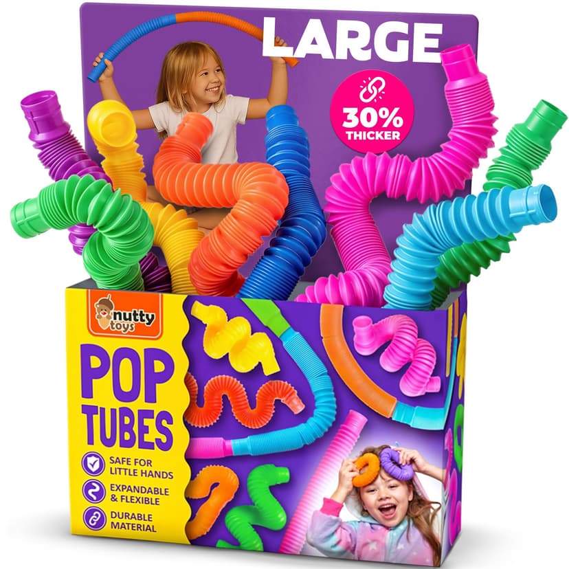 Nutty Toys Pop Tubes - Large 8-Pack Sensory Toys - Creative STEM Learning for Kids & Toddlers - Connect & Pop! Top ADHD Autism Fidget 2026, Best Boy & Girl Christmas Stocking Stuffers Gifts Idea