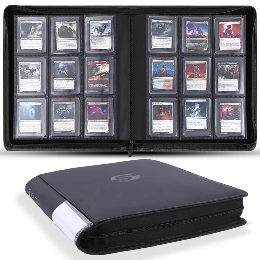 Snekdy Top loader Binder, 9 Pockets Top Loader，Holds 360 Top Loaders cards, Card binder with Sleeves for card in 3 x 4 inches color smooth Zipper PU Leather (Black)